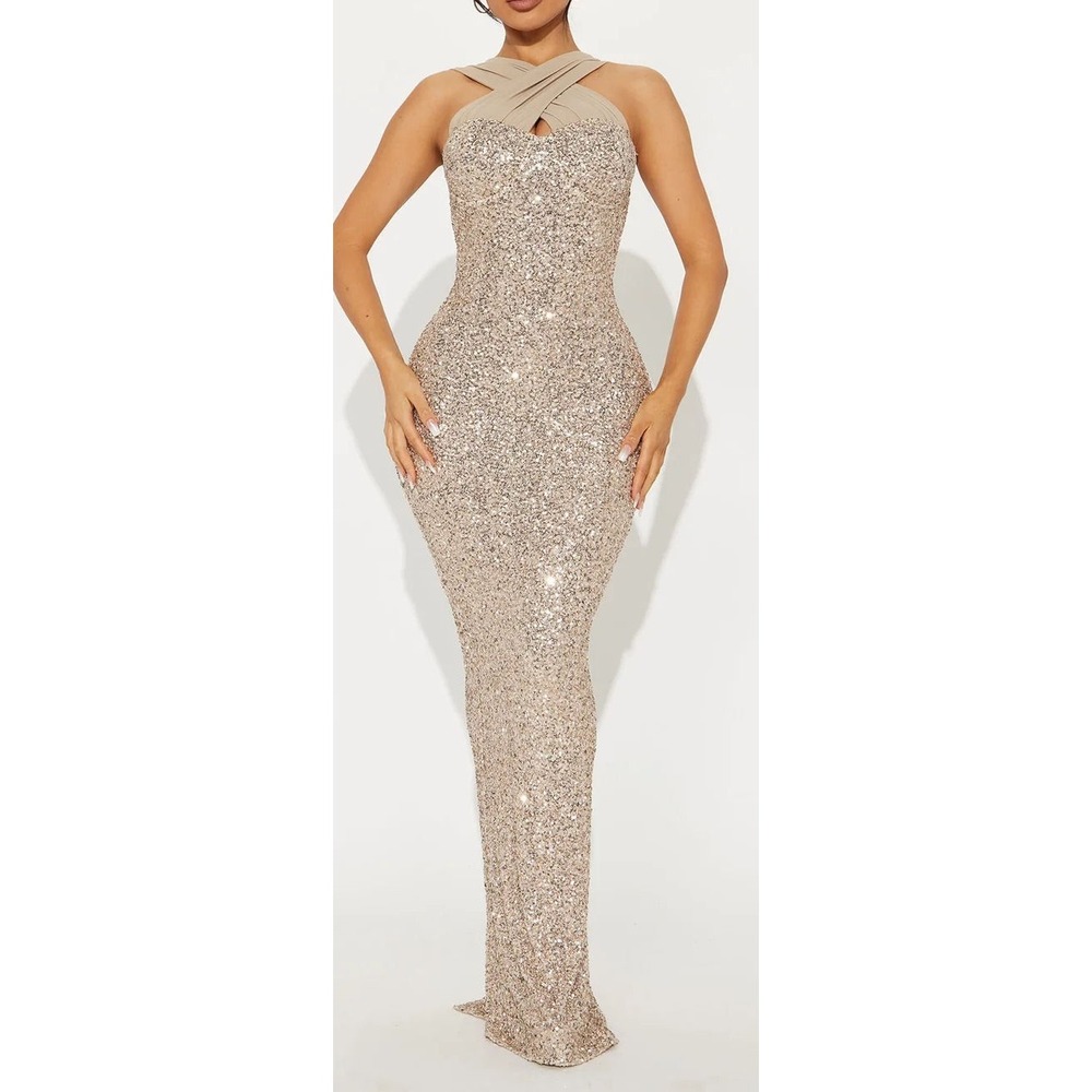 Fashion Nova Women's Callie Sleeveless Sequin Gown Maxi Dress - Gold - Size 1X